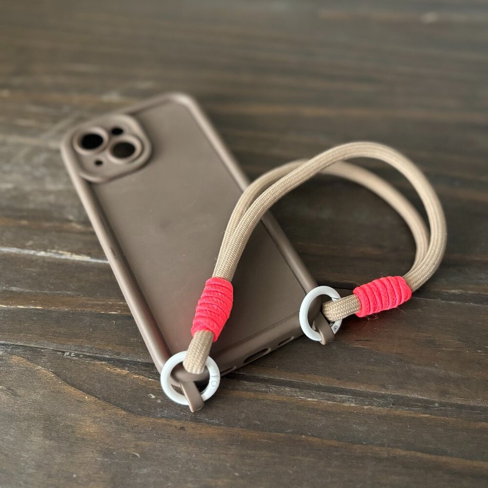 iPhone 15 Case with Wrist Strap | Shockproof Protective Cover | Brown Phone Case